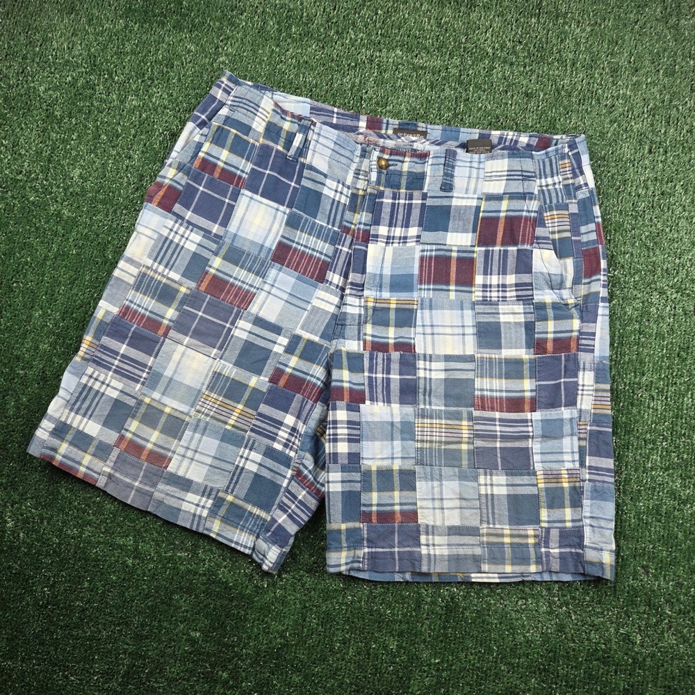St Johns Bay Mens Patchwork Plaid Shorts Blue Burgundy Multi Cotton 38